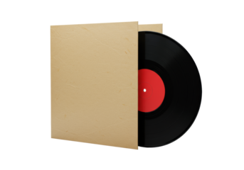 A pristine, glossy deep black 12-inch vinyl record with a vibrant red label, partially slid from its distressed light brown paper sleeve, isolated on a pure bright white background with copy space.