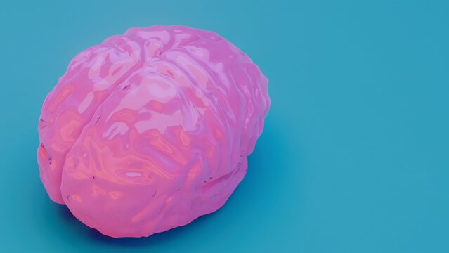 A pink glossy brain on blue background