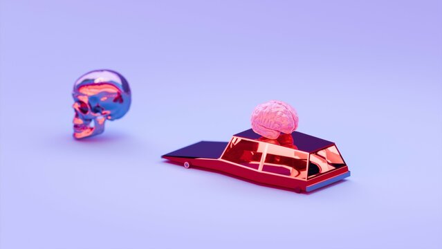 reflective brain on futuristic car with skull in background on blue background