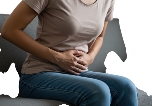 Woman holding her stomach in pain isolated on white background