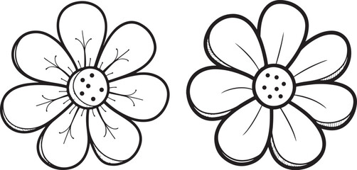 Simple black and white flower line art with round petals and clean outlines. Minimal floral vector symbolizing freshness, purity, and natural beauty. 