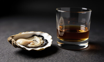 A Still Life of an Opened Oyster and a Shot of Whiskey, with an Ultra-Sharp Focus on the Amber Color of the Whiskey in the Glass