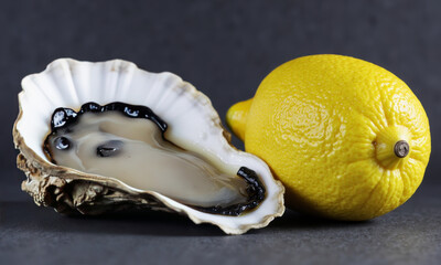 A Still Life of an Oyster and a Lemon, with an Ultra-Sharp Focus on the Textured, Porous Skin of the Lemon
