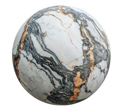 A large, round, white and black marble with a brown line running through it