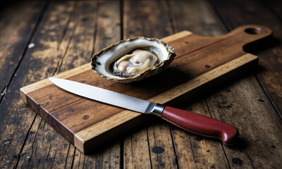A Still Life of a Single, Raw Oyster and a Shucking Knife on a Rustic, Weathered Wooden Board