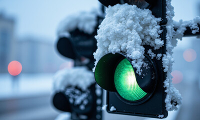 A Traffic Light Covered in Snow During a Blizzard, with an Ultra-Sharp Focus on the Snow Melting on the Warm Lens of the Green Light