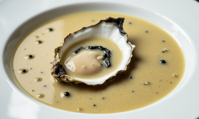 A Plate of Oyster Chowder, with an Ultra-Sharp Focus on a Single, Plump Oyster in the Creamy Broth