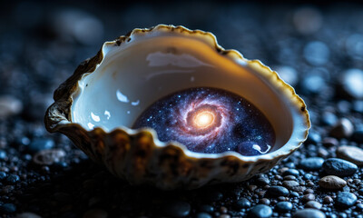 A Conceptual Image of an Oyster Shell Opening to Reveal Not a Pearl, but a Miniature, Glowing Galaxy, with an Ultra-Sharp Focus on a Swirling Nebula Within