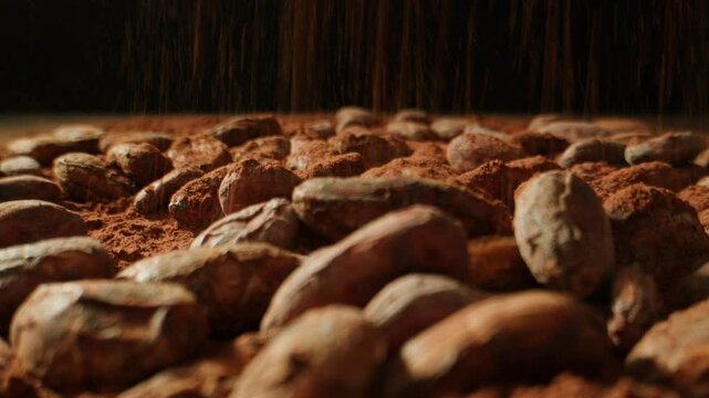 Cocoa beans macro, Roasted Cacao or cocoa bean falling slow motion close-up shot, chocolate production line, texture background.