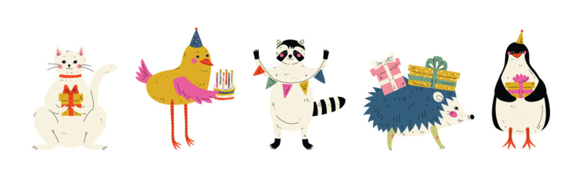 Animal Character at Birthday Party Celebrate Holiday Vector Set