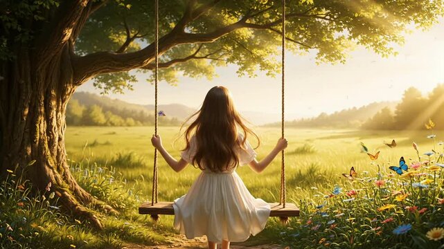 A young woman swings peacefully beneath a large sun-dappled tree in a vibrant flower-filled meadow, symbolizing freedom and connection to nature.