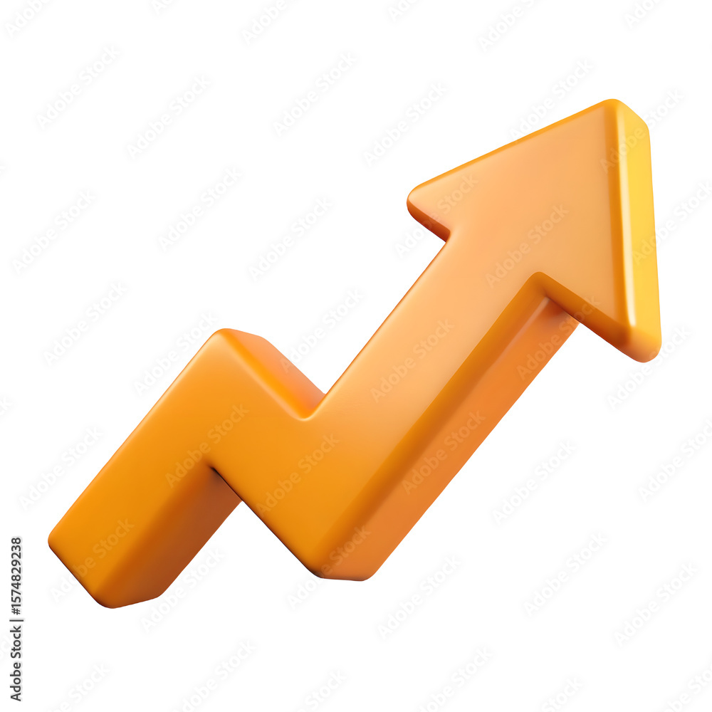Poster orange arrow pointing upwards on a transparent background in a 3d rendered style