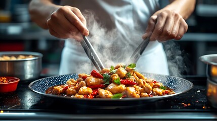 Chef Serving Spicy Kung Pao Chicken Dish with Restaurant Kitchen.
