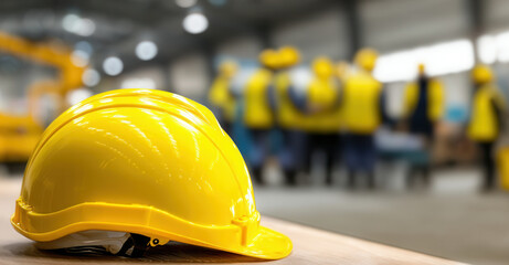 Bright yellow safety helmet showcased on a table in a busy warehouse with workers collaborating in the background, illustrating industrial teamwork