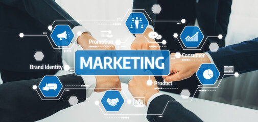 A dynamic scene depicting professionals collaborating on marketing strategies, enhanced by digital...