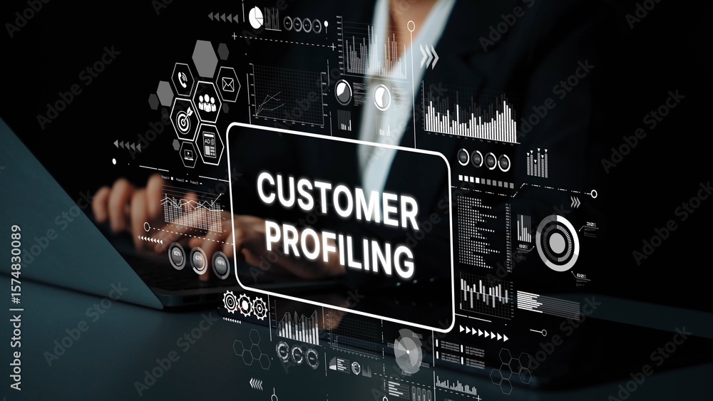 Poster modern data analysis concept with focus on customer profiling and digital marketing strategies in bu