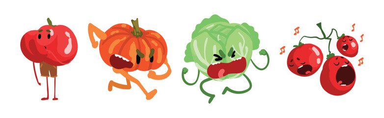 Funny Vegetable Character with Face and Arms Vector Set