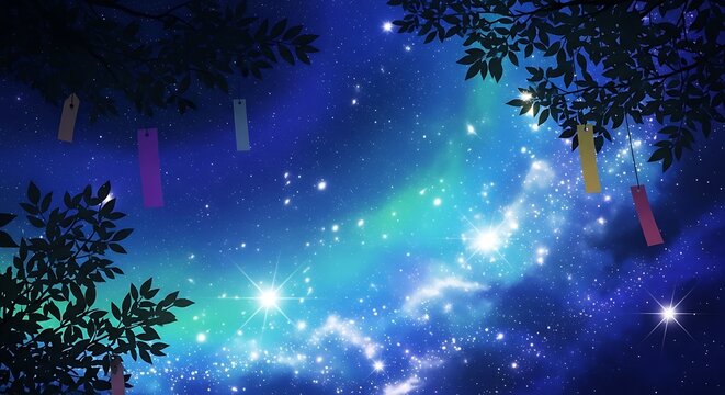 Enchanting Celestial Panorama Under a Starry Night Sky with Delicate Tree Branches and Colorful Decorations