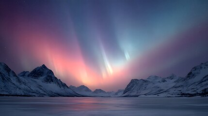 Aurora borealis over icy mountains and frozen lake