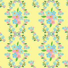 seamless floral pattern, acrylic, background, blue, blue-violet, bouquets of flowers, buds, butterflies, color background, colored pencils, design, floral pattern, flowers of orange, for textiles