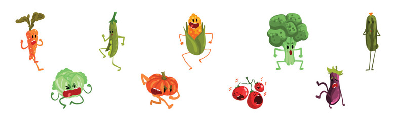 Funny Vegetable Character with Face and Arms Vector Set