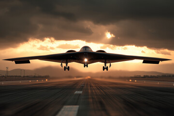 B-2 Spirit stealth bomber on final approach to runway, landing gear extended, dramatic low angle shot, military airfield, sunset lighting, realistic aircraft photography