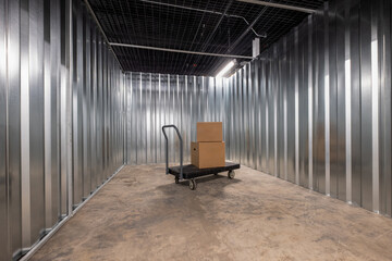 Self Storage Unit Interior with Cart and Cardboard Boxes