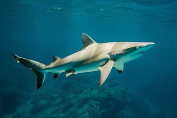 Naklejka premium Blacktip reef shark swimming peacefully in the clear blue water of a tropical ocean