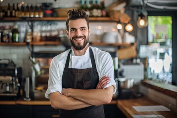 Obraz premium Confident chef smiling with arms crossed, standing in a professional restaurant kitchen