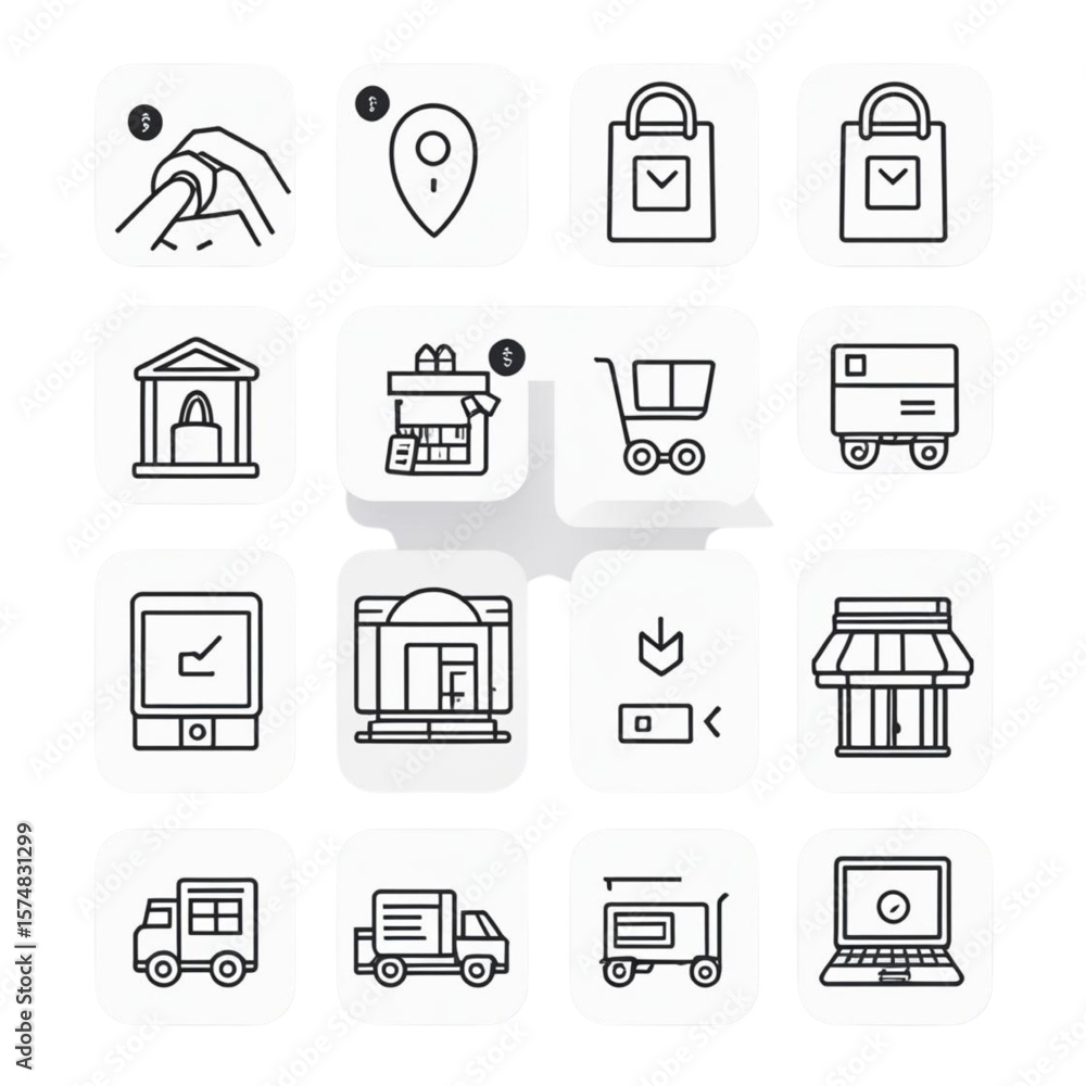 Poster set of shopping-related icons displayed on white background for web and business use