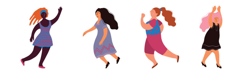 Pretty Body Positive Woman in Standing Pose Vector Set