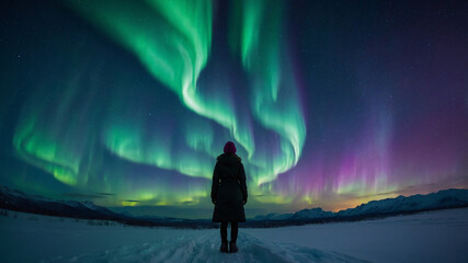 Northern Lights Spectacle: Witness a solitary figure beholding the breathtaking celestial dance of the aurora borealis, an awe-inspiring display of emerald and amethyst hues across the night sky.