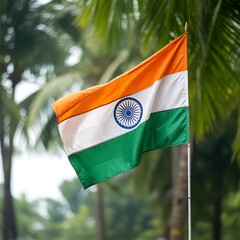 The indian flag waves proudly against a backdrop of palm trees