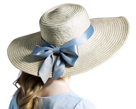 a woman straw hat with grey ribbon and bow summer isolated on white background, png, ai generated.