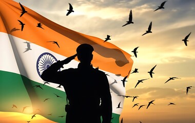 A soldier salutes the indian flag at sunset with birds flying around