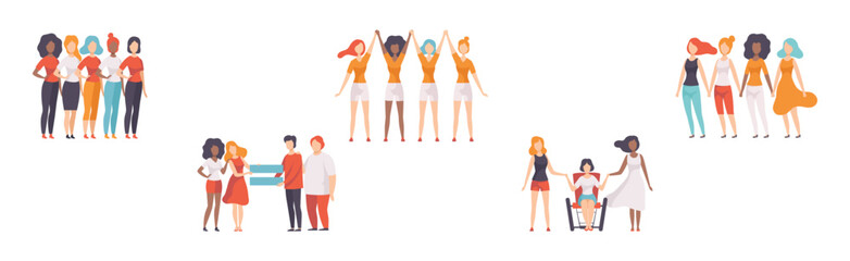 Gender Equality in Society with Woman Character Fight Against Discriminations Vector Set