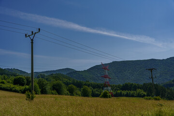 Concrete low-voltage poles crossing meadows with red and white high-voltage tower and forested...
