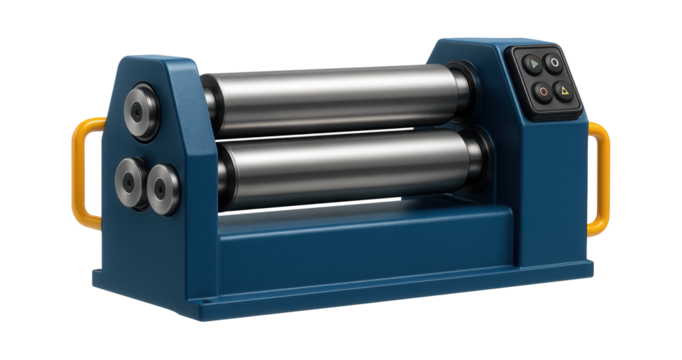 Roll bending machine with adjustable rollers for creating cylindrical shapes in a metal forming facility