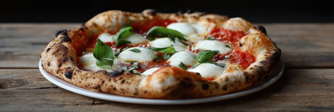 Delicious neapolitan margherita pizza with fresh basil and mozzarella on rustic wooden table - Powered by Adobe