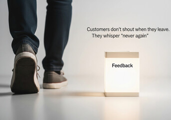 If They Go Quiet, They’re Gone - A customer walks away from a glowing feedback box, symbolizing silent exits and ignored warning signs.