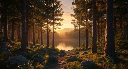 Forest path to lake at dawn