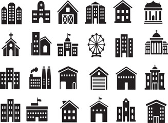 Obraz premium A collection of various building and structure silhouette icons