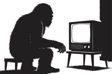 Bigfoot Yeti Black & white silhouette who is watching a television in a room