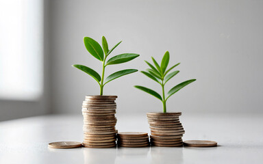 Two Stacks of Coins with Green Sprouts on Gray Background
