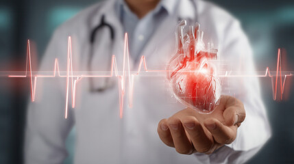 Innovative doctor showcasing a human heart with holographic pulse lines for advanced medical presentation