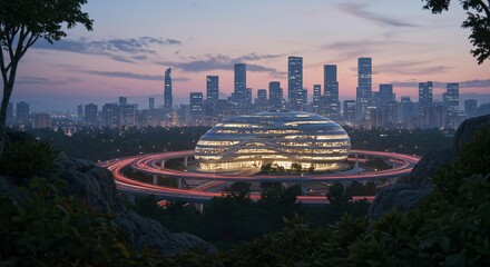Futuristic dome building amidst city skyline at dusk