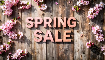 Pink Cherry Blossom Branches Framing Spring Sale Sign on Weathered Wood