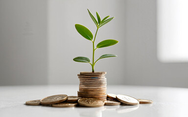 Stack of Coins with Long Sprout Growing from Base, Home Interior Gray Background