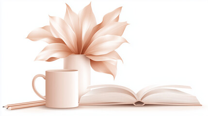 Open book with mug and flower in soft pastel tones