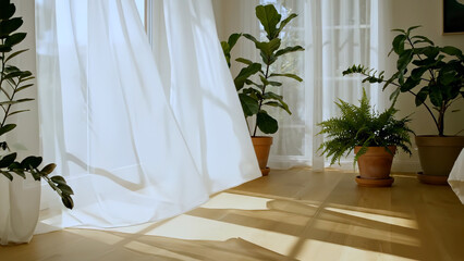 Indoor plant stands gracefully by window, as sheer white curtains sway in gentle breeze. This indoor home room interior with plants and curtains brings touch of calm natural elegance to living space